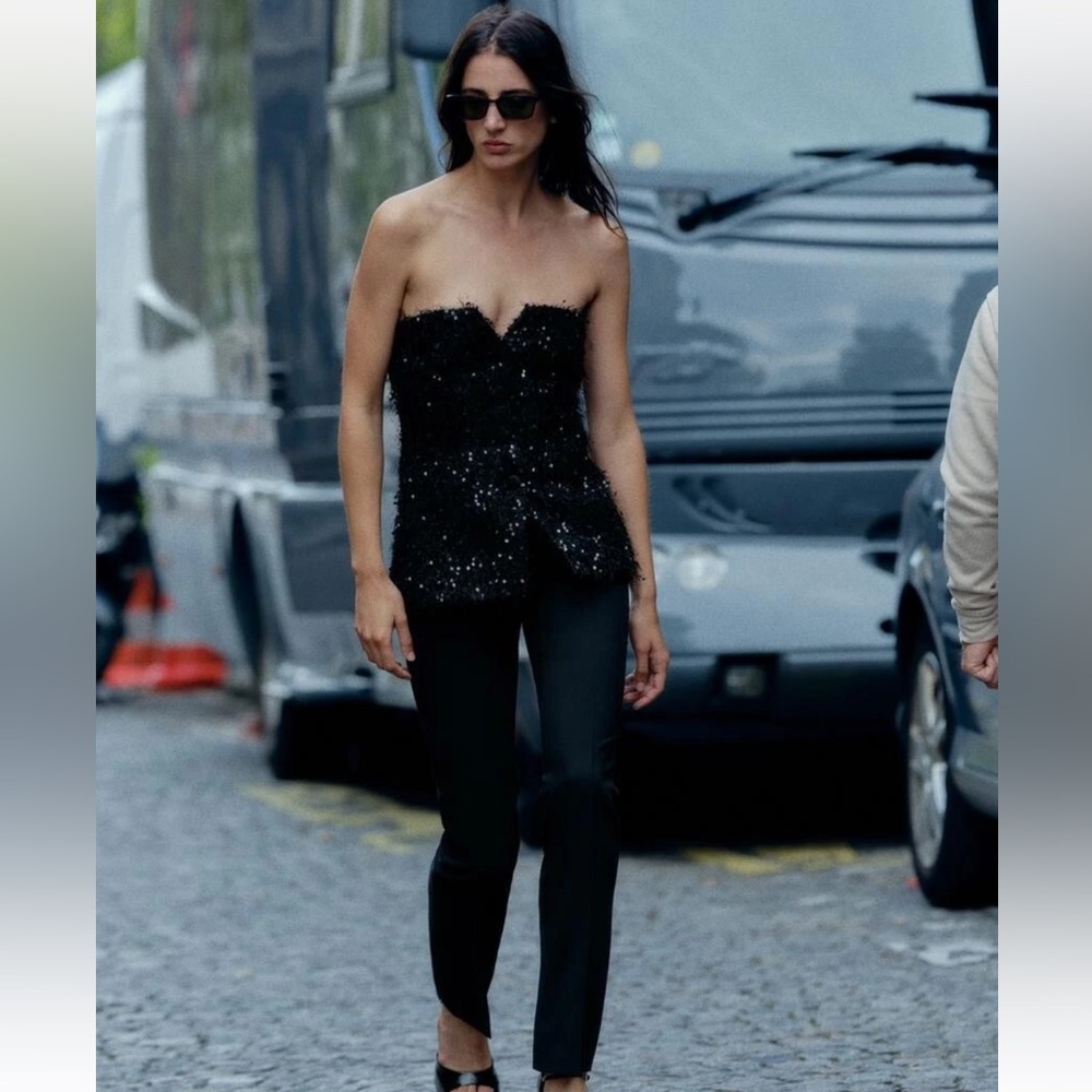 ZARA FRINGED SEQUIN BUSTIER TOP